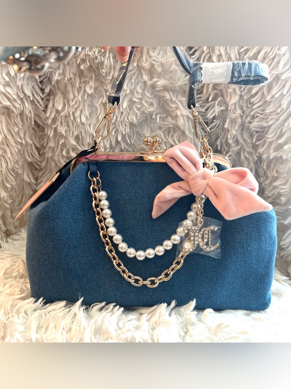 Juicy Couture Blue Denim Frame Satchel with Pink Bow and Pearl Chains - Picture 3 of 9